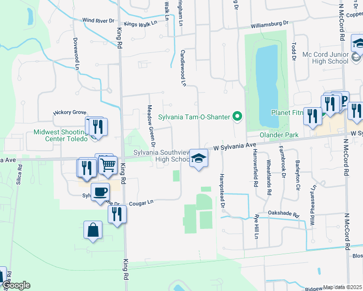 map of restaurants, bars, coffee shops, grocery stores, and more near 7240 West Sylvania Avenue in Sylvania