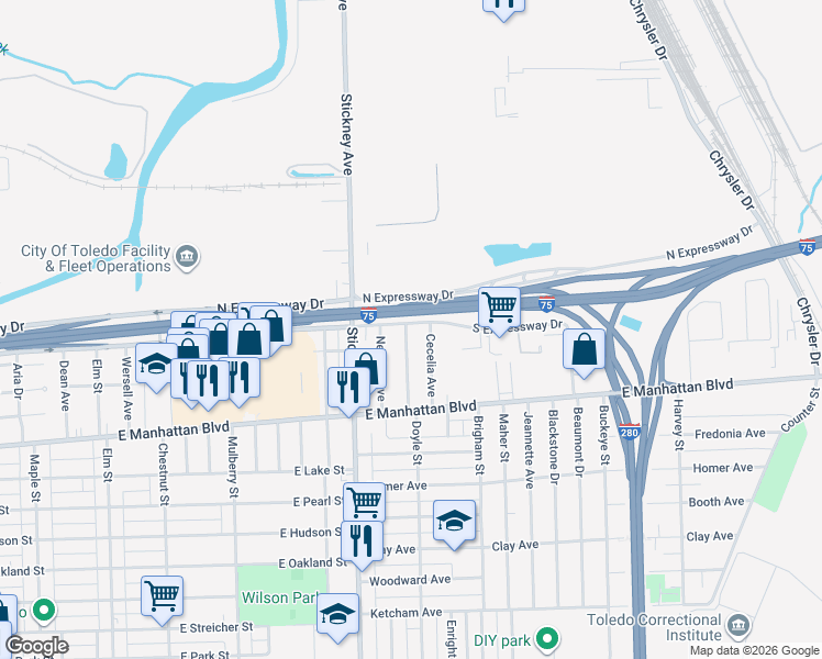 map of restaurants, bars, coffee shops, grocery stores, and more near 3618 Doyle Street in Toledo