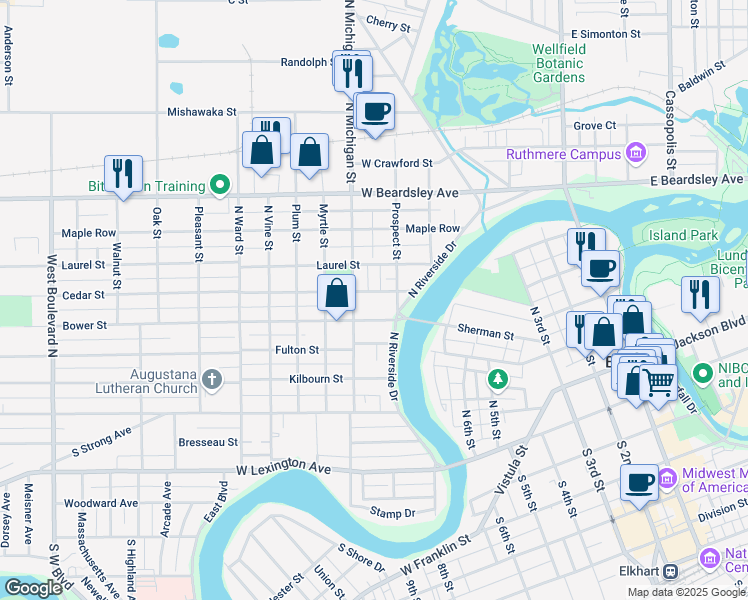 map of restaurants, bars, coffee shops, grocery stores, and more near 623 Cedar St in Elkhart