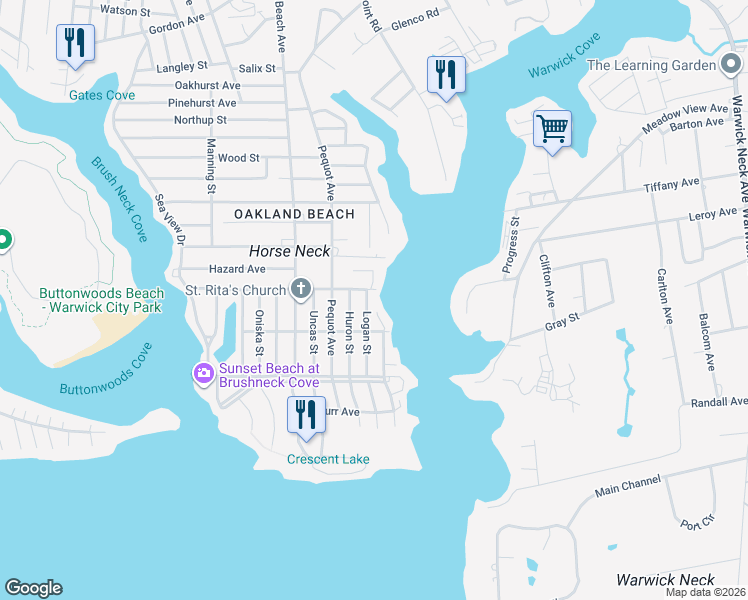 map of restaurants, bars, coffee shops, grocery stores, and more near 10 Logan Street in Warwick
