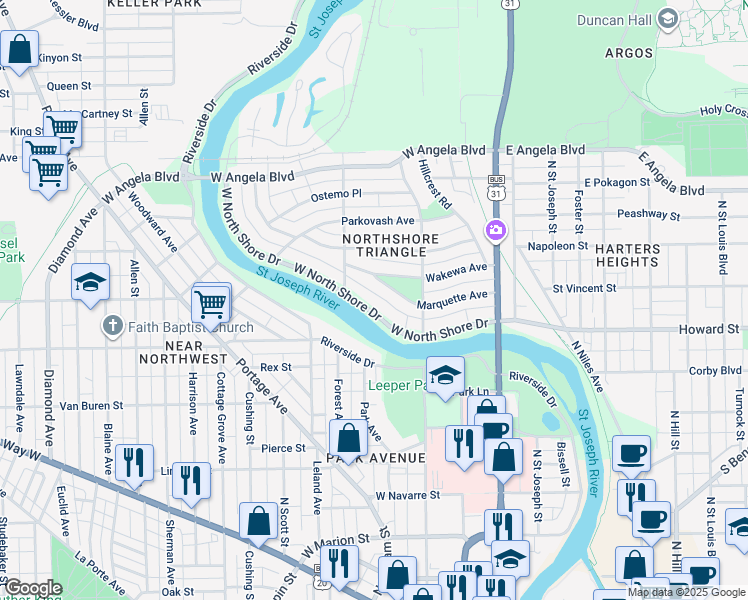map of restaurants, bars, coffee shops, grocery stores, and more near 411 West North Shore Drive in South Bend