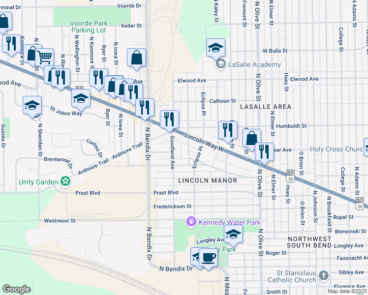 map of restaurants, bars, coffee shops, grocery stores, and more near 18 1100 Blk Elliot in South Bend