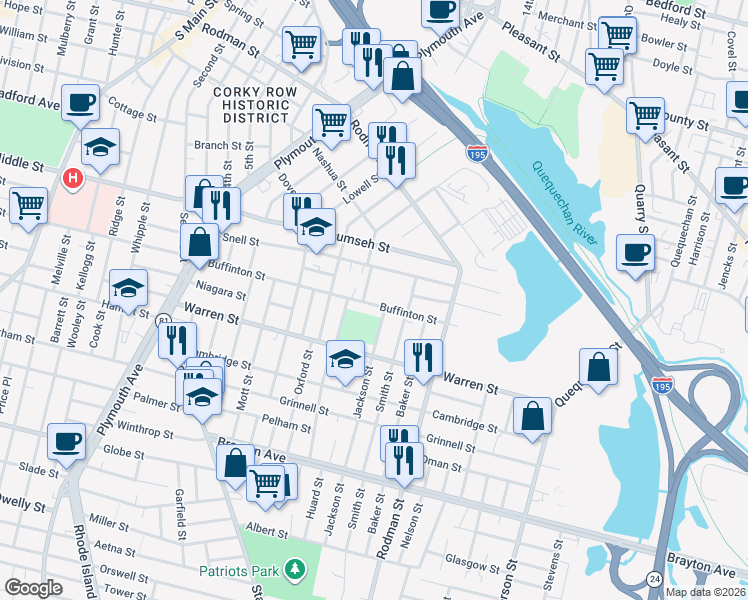 map of restaurants, bars, coffee shops, grocery stores, and more near 414 Buffinton Street in Fall River