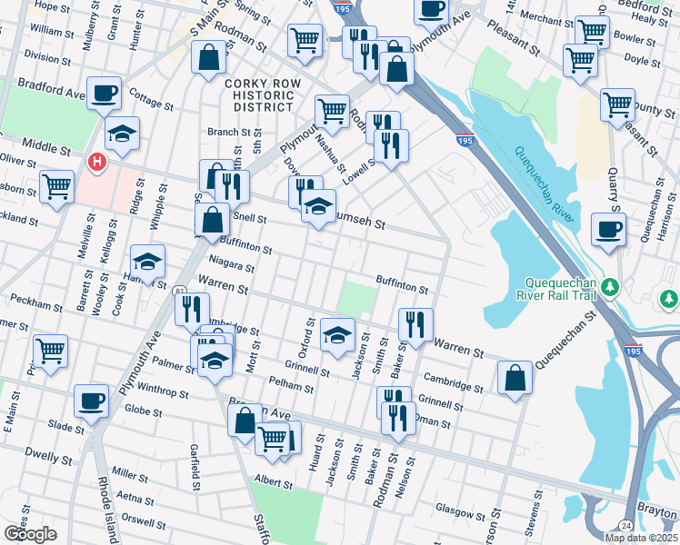 map of restaurants, bars, coffee shops, grocery stores, and more near 335 Buffinton Street in Fall River