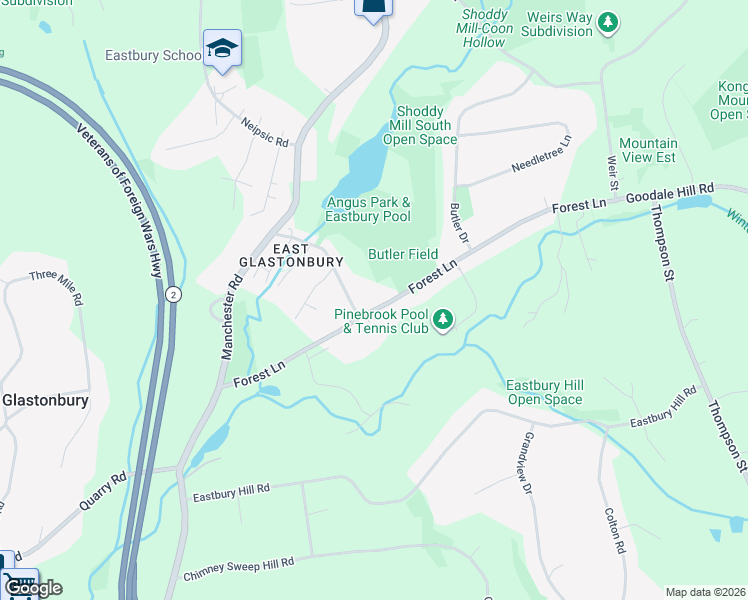 map of restaurants, bars, coffee shops, grocery stores, and more near 169 Forest Lane in Glastonbury