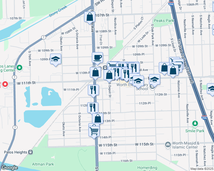 map of restaurants, bars, coffee shops, grocery stores, and more near 11113 South Depot Street in Worth
