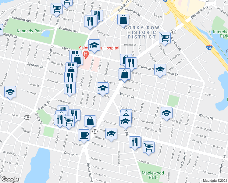 map of restaurants, bars, coffee shops, grocery stores, and more near 1009 Plymouth Avenue in Fall River