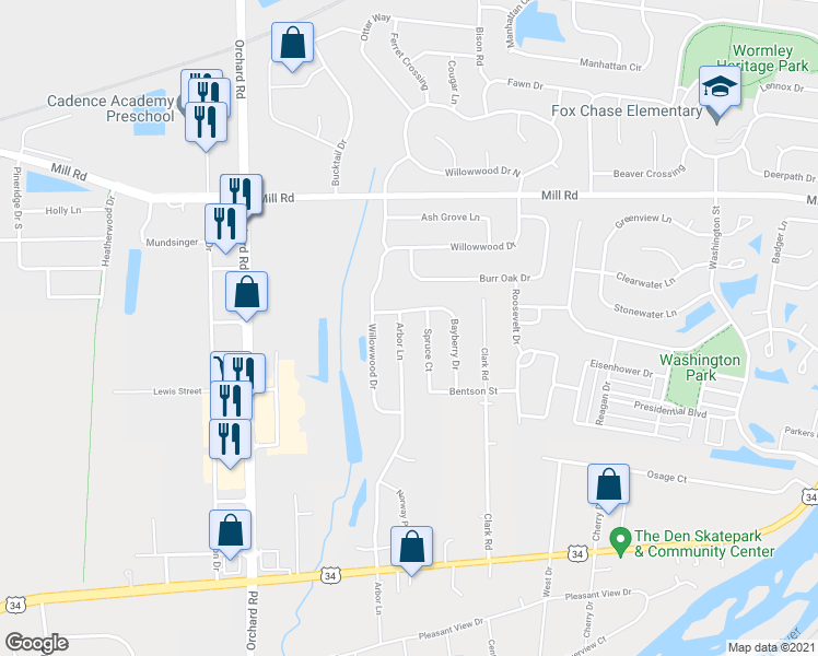 map of restaurants, bars, coffee shops, grocery stores, and more near 502 Arbor Lane in Oswego