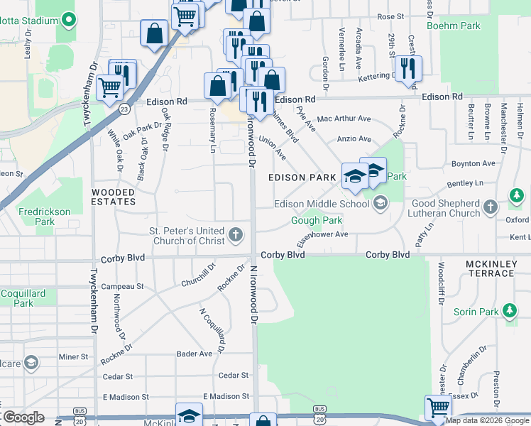 map of restaurants, bars, coffee shops, grocery stores, and more near 2216 Solomon Avenue in South Bend