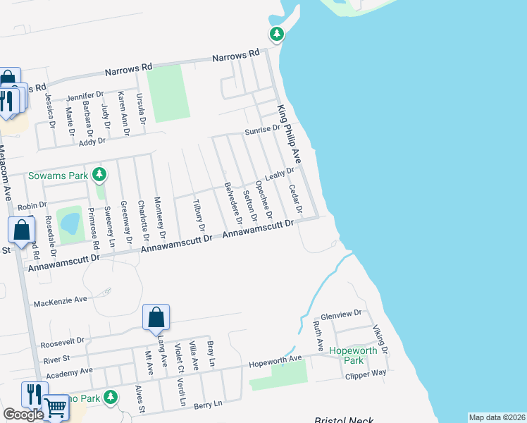 map of restaurants, bars, coffee shops, grocery stores, and more near 11 Opechee Dr in Bristol