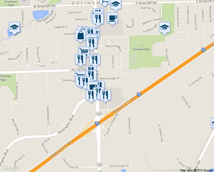 map of restaurants, bars, coffee shops, grocery stores, and more near 420 Gainsborough Ct in Bolingbrook