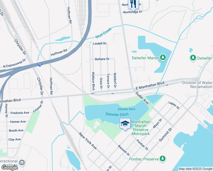 map of restaurants, bars, coffee shops, grocery stores, and more near 3523 Terrace Drive in Toledo