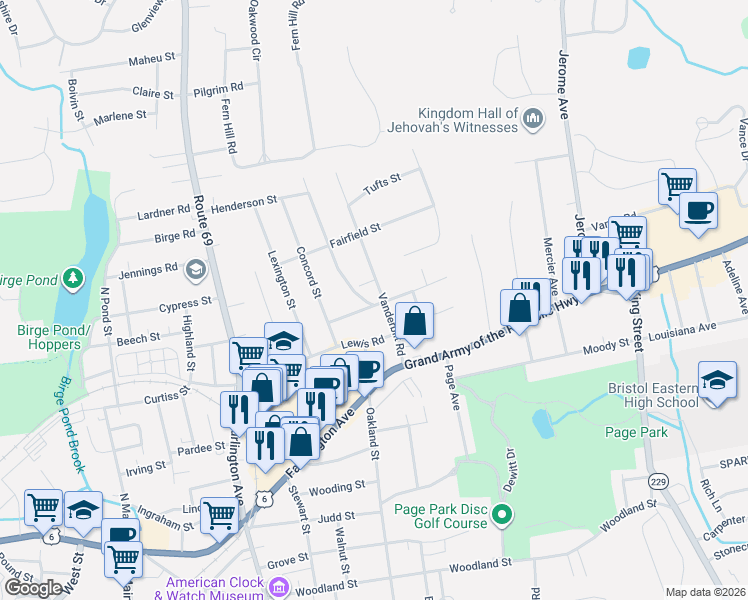 map of restaurants, bars, coffee shops, grocery stores, and more near 92 Vanderbilt Road in Bristol