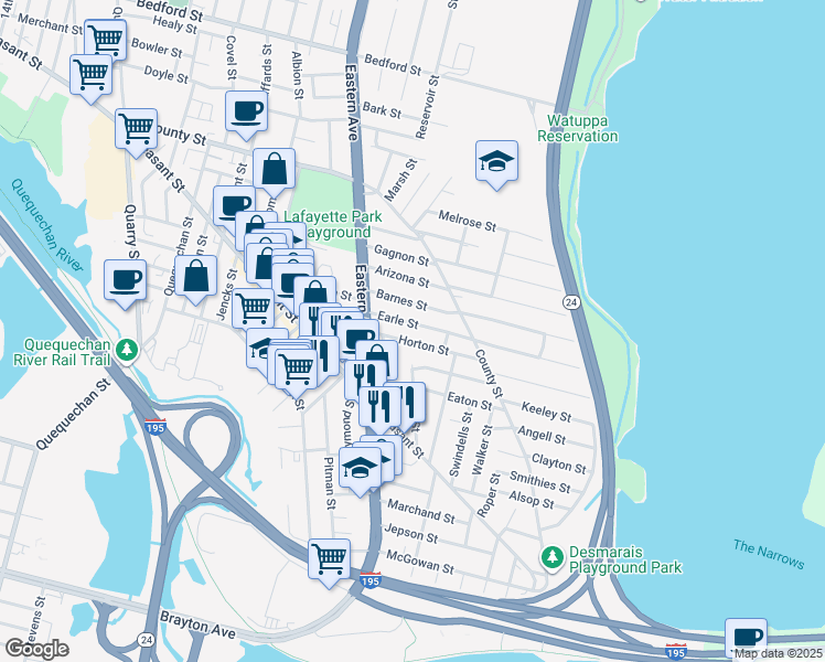 map of restaurants, bars, coffee shops, grocery stores, and more near 95 Earle Street in Fall River