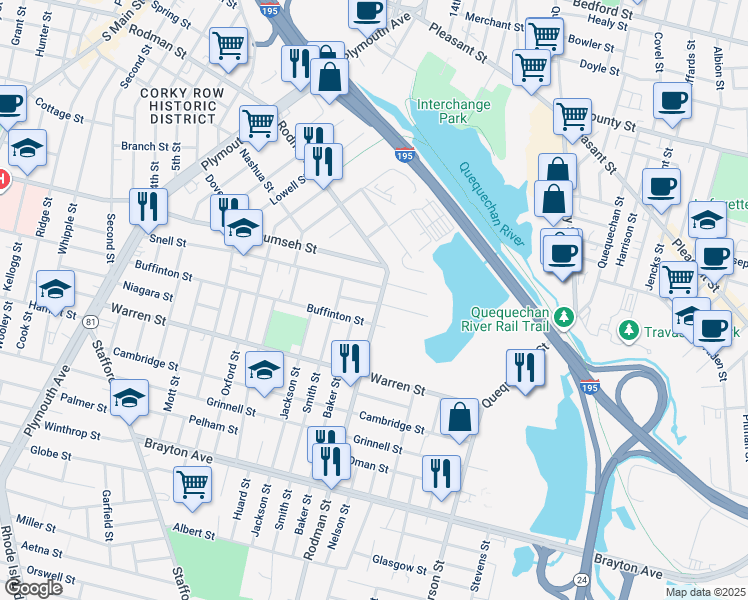 map of restaurants, bars, coffee shops, grocery stores, and more near 951 Rodman Street in Fall River