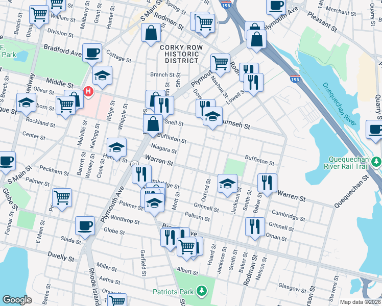 map of restaurants, bars, coffee shops, grocery stores, and more near 29 Mott Street in Fall River