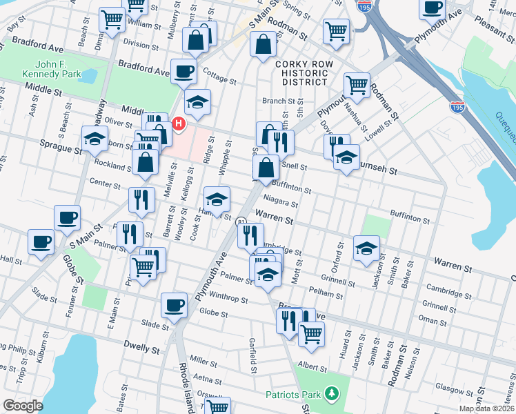 map of restaurants, bars, coffee shops, grocery stores, and more near 31 Niagara Street in Fall River