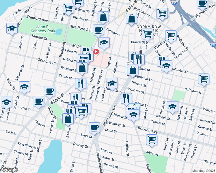 map of restaurants, bars, coffee shops, grocery stores, and more near 564 Whipple Street in Fall River