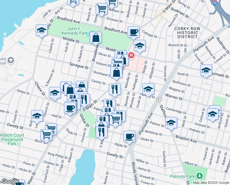 map of restaurants, bars, coffee shops, grocery stores, and more near 9 Hamlet Street in Fall River