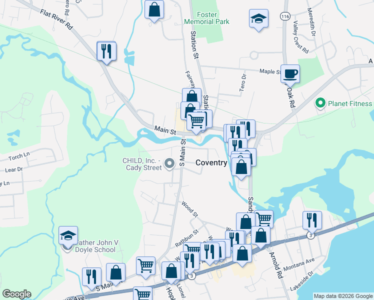 map of restaurants, bars, coffee shops, grocery stores, and more near 14 South Main Street in Coventry