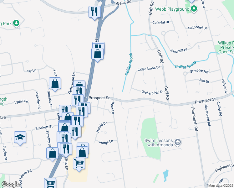 map of restaurants, bars, coffee shops, grocery stores, and more near 40 Orchard Brook Drive in Wethersfield