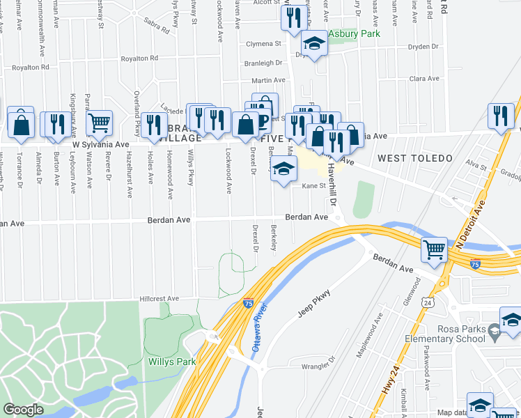 map of restaurants, bars, coffee shops, grocery stores, and more near 3811 Drexel Drive in Toledo