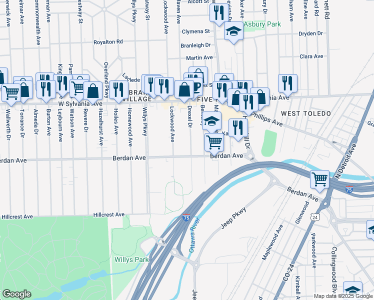 map of restaurants, bars, coffee shops, grocery stores, and more near 3811 Drexel Drive in Toledo