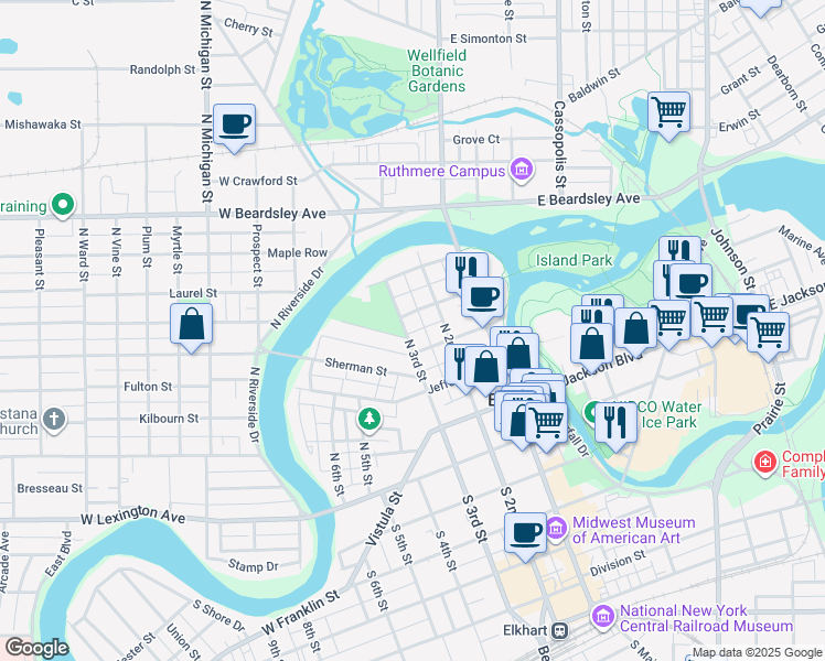 map of restaurants, bars, coffee shops, grocery stores, and more near 217 West Sycamore Street in Elkhart