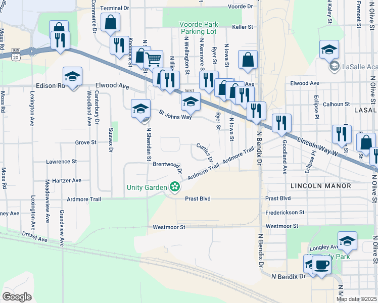map of restaurants, bars, coffee shops, grocery stores, and more near 3400-3698 Putnam Place in South Bend