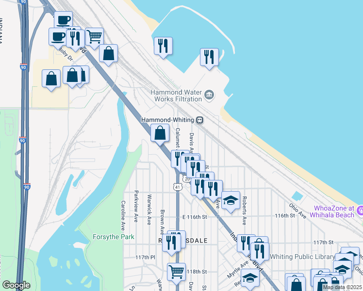 map of restaurants, bars, coffee shops, grocery stores, and more near 2 Calumet Avenue in Hammond