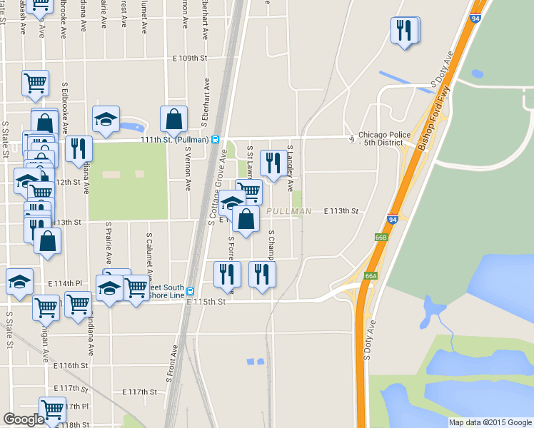 map of restaurants, bars, coffee shops, grocery stores, and more near 11256 South Champlain Avenue in Chicago