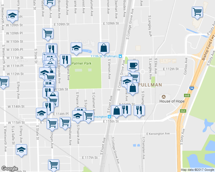 map of restaurants, bars, coffee shops, grocery stores, and more near 11247 South Vernon Avenue in Chicago
