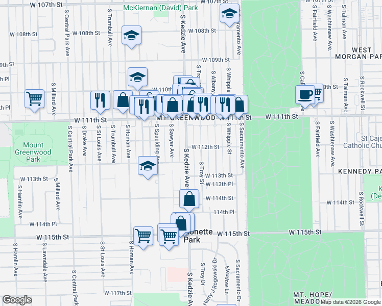 map of restaurants, bars, coffee shops, grocery stores, and more near 11203 South Kedzie Avenue in Chicago