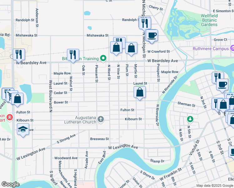 map of restaurants, bars, coffee shops, grocery stores, and more near 421 North Vine Street in Elkhart