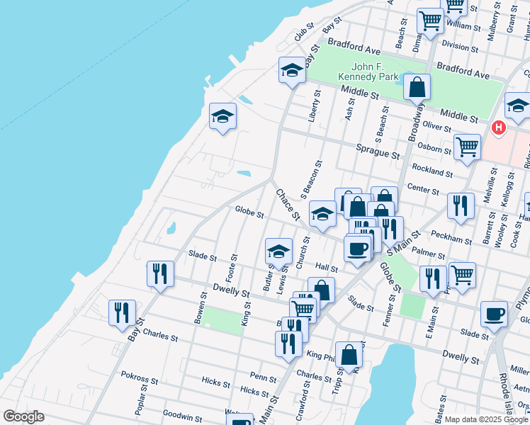 map of restaurants, bars, coffee shops, grocery stores, and more near 132 Globe St in Fall River