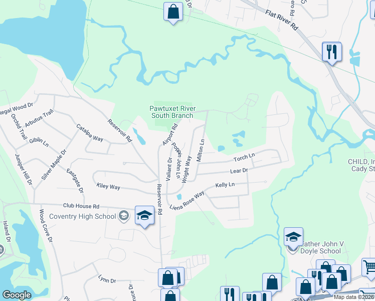 map of restaurants, bars, coffee shops, grocery stores, and more near 61 Wright Way in Coventry