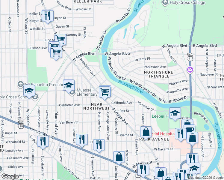 map of restaurants, bars, coffee shops, grocery stores, and more near 863 Golden Ave in South Bend