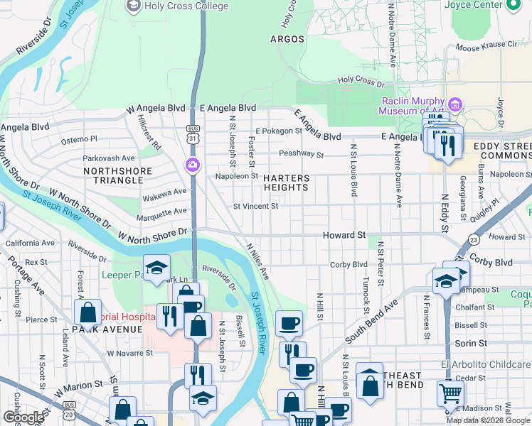 map of restaurants, bars, coffee shops, grocery stores, and more near 1031 Stanfield Street in South Bend