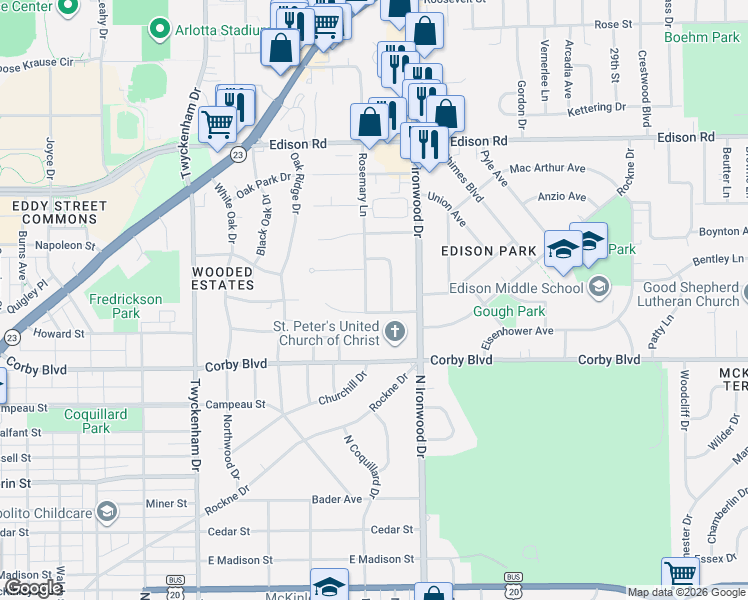map of restaurants, bars, coffee shops, grocery stores, and more near 1028 Rosemary Lane in South Bend