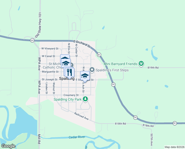 map of restaurants, bars, coffee shops, grocery stores, and more near 147-149 North Pine Street in Spalding