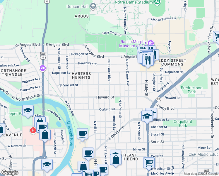 map of restaurants, bars, coffee shops, grocery stores, and more near 1051 North Saint Louis Boulevard in South Bend
