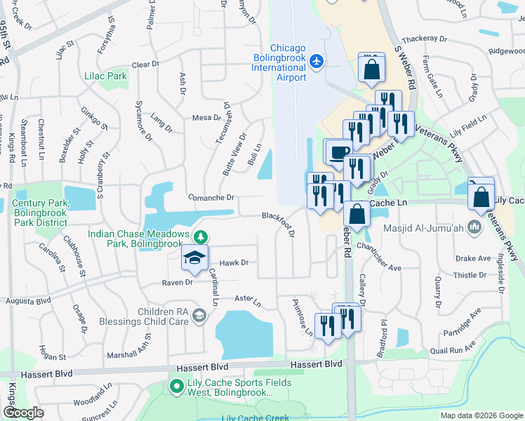 map of restaurants, bars, coffee shops, grocery stores, and more near 330 Blackfoot Dr in Bolingbrook