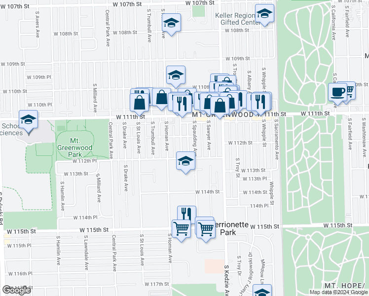 map of restaurants, bars, coffee shops, grocery stores, and more near 11207 South Christiana Avenue in Chicago