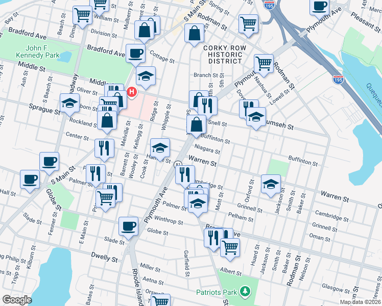 map of restaurants, bars, coffee shops, grocery stores, and more near 31 Niagara Street in Fall River