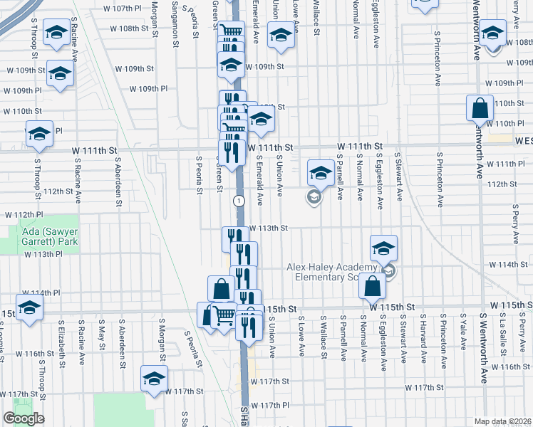 map of restaurants, bars, coffee shops, grocery stores, and more near 11237 South Emerald Avenue in Chicago