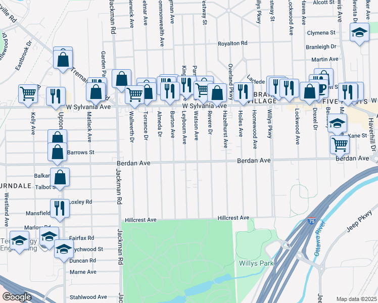 map of restaurants, bars, coffee shops, grocery stores, and more near 3822 Leybourn Avenue in Toledo