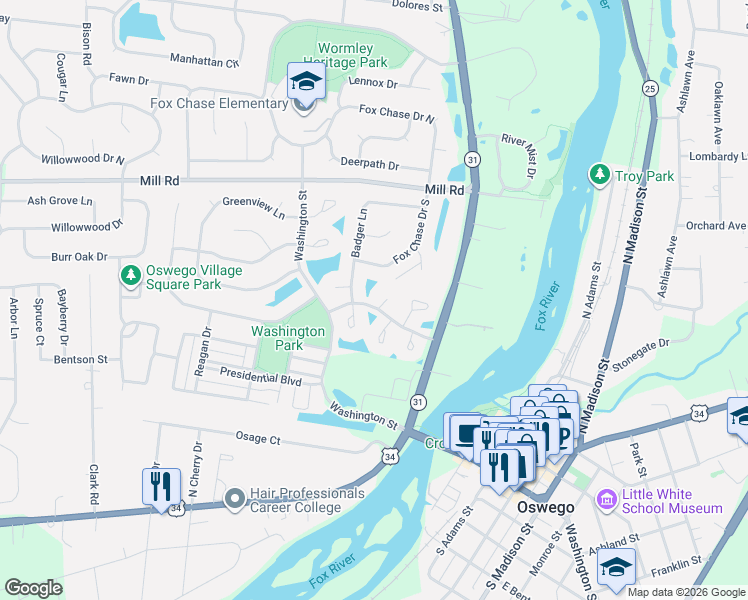 map of restaurants, bars, coffee shops, grocery stores, and more near 40 Lake Court in Oswego
