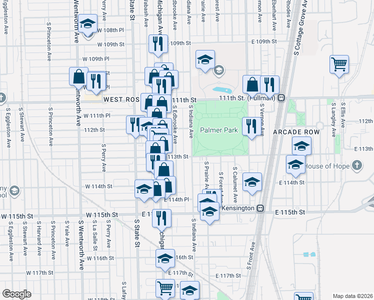 map of restaurants, bars, coffee shops, grocery stores, and more near 11246 South Indiana Avenue in Chicago