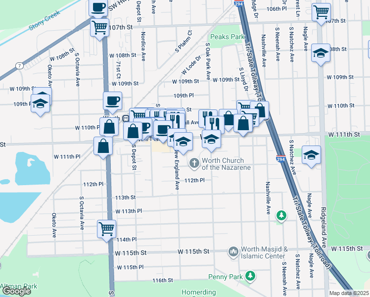 map of restaurants, bars, coffee shops, grocery stores, and more near 6844 111th Place in Worth