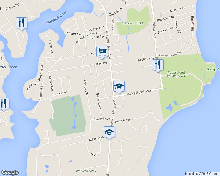 map of restaurants, bars, coffee shops, grocery stores, and more near 541 Warwick Neck Avenue in Warwick
